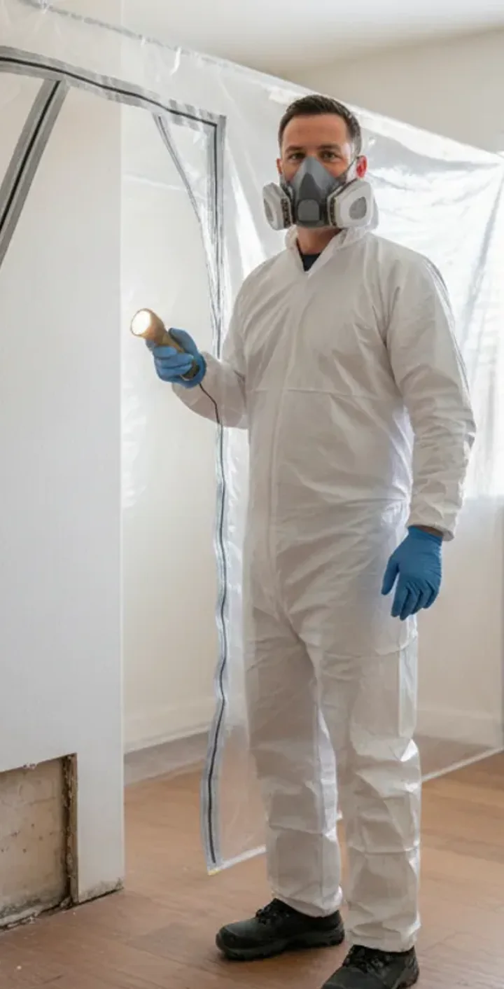 Mold removal technician in PPE working in a Santa Clarita home