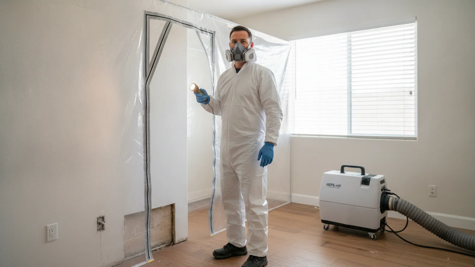 Mold removal technician in PPE working in a Santa Clarita home